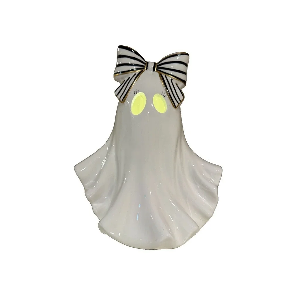 Goblin & Ghoul Halloween Light Up Ghost Girl with Black & White Striped Bow NWT